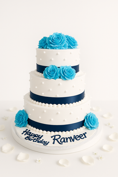 3-Tier blue and white floral Cake-TR008