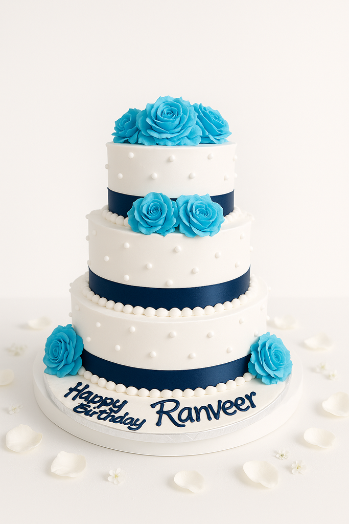 3-Tier blue and white floral Cake-TR008