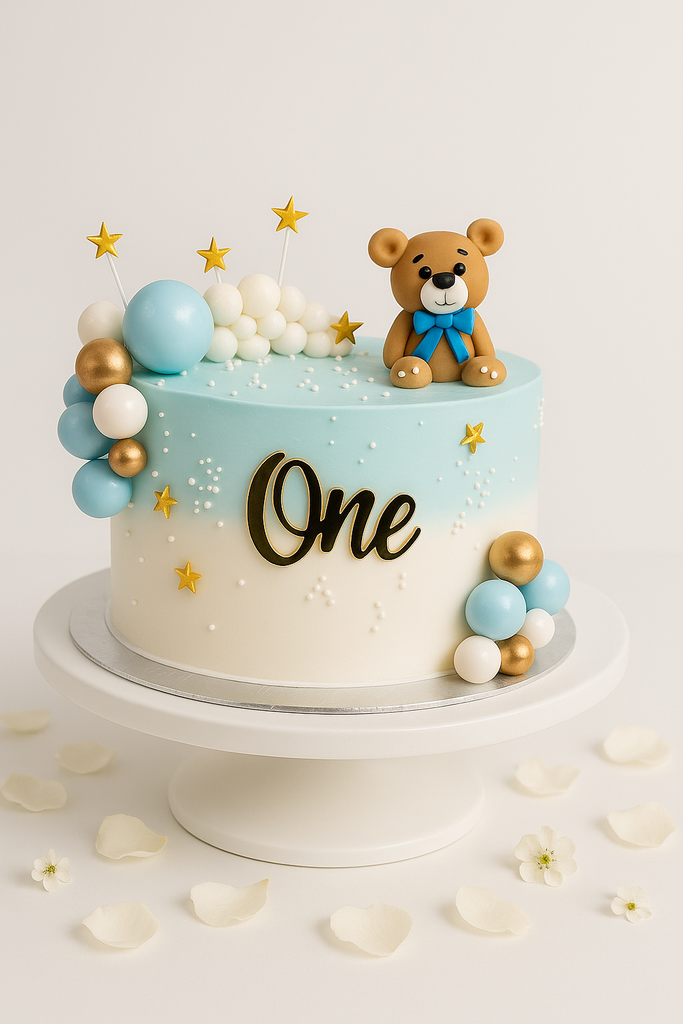 Blue Teddy Bear First Birthday Cake-BO002